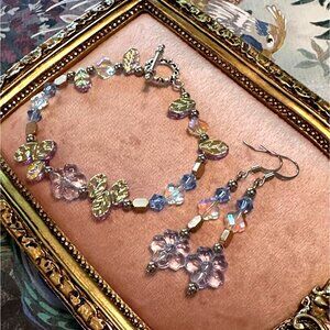 Handmade Crystal Flower Bracelet & Earrings Set With Toggle Clasp Floral Acce
